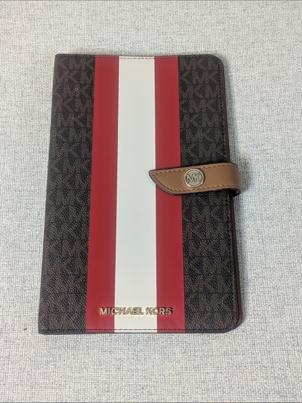 Michael Kors Signature Stripe Tablet iPad Folio Case Brown Red